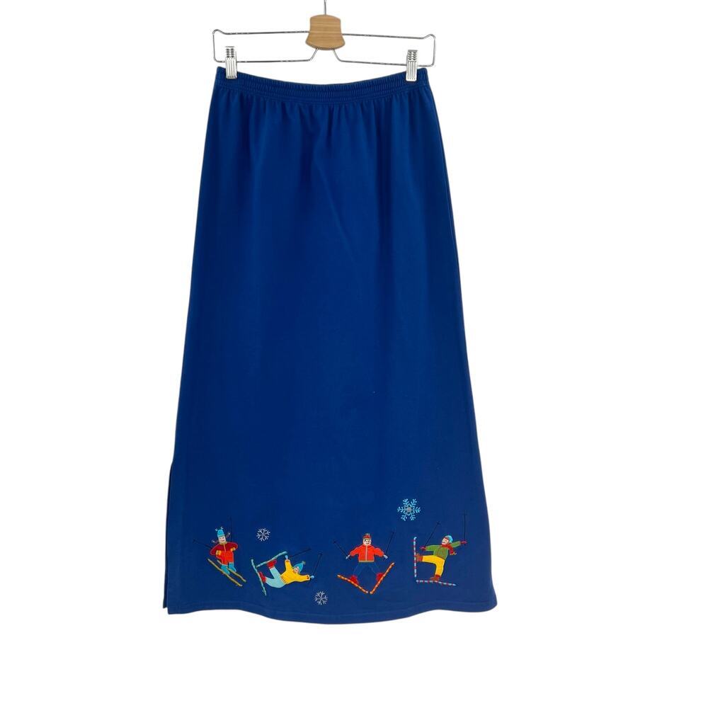 Michael Simon Lite Ski‎ Trip Snowflake Embroidered Novelty Midi Skirt Blue Small